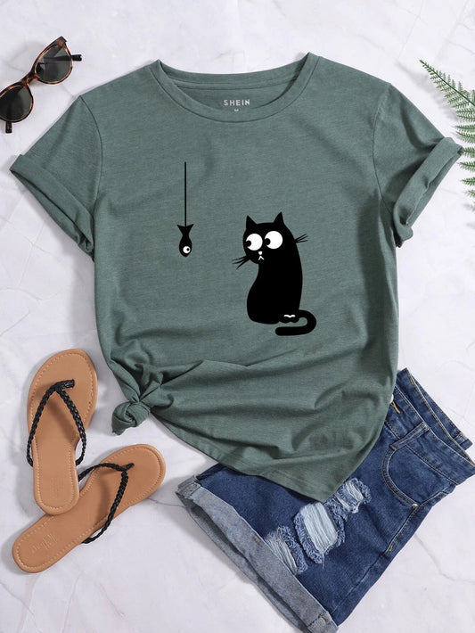 T-shirt à imprimé chat et poisson