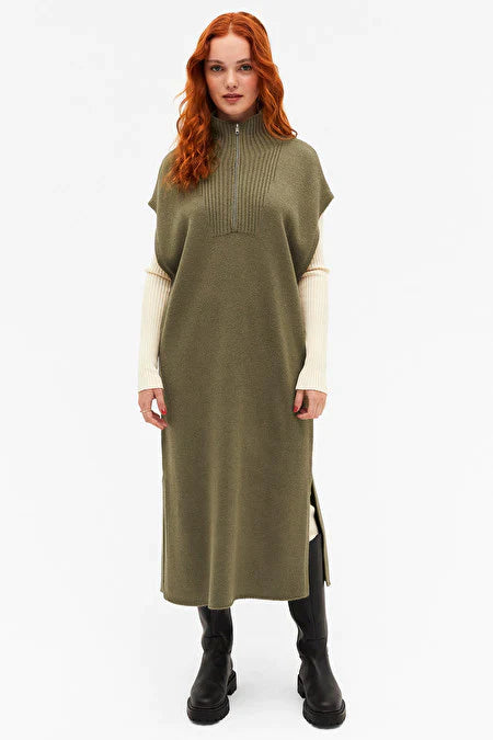 Green half zip oversized sleeveless knit dress