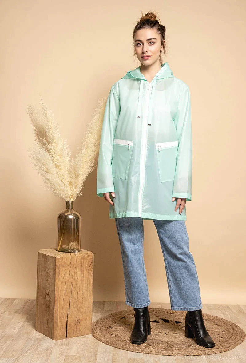 Long translucent hooded raincoat