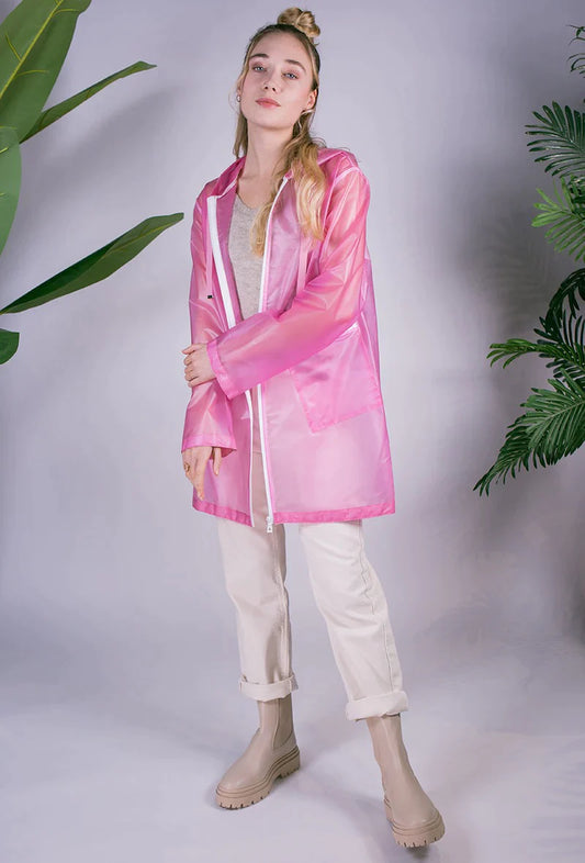 Long translucent hooded raincoat