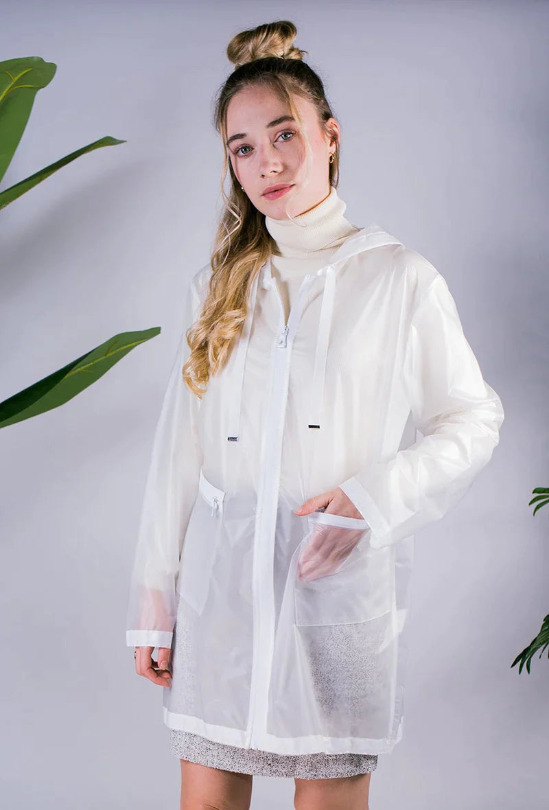 Long translucent hooded raincoat