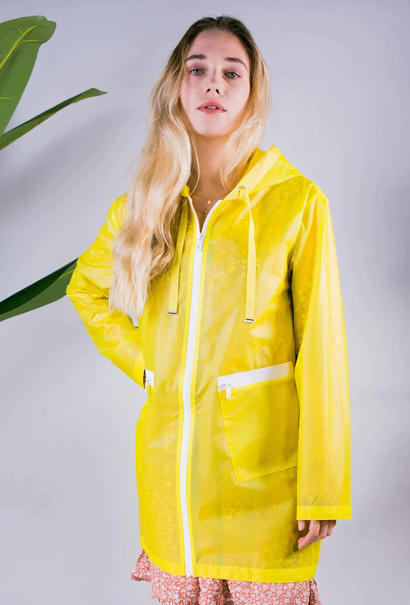 Long translucent hooded raincoat